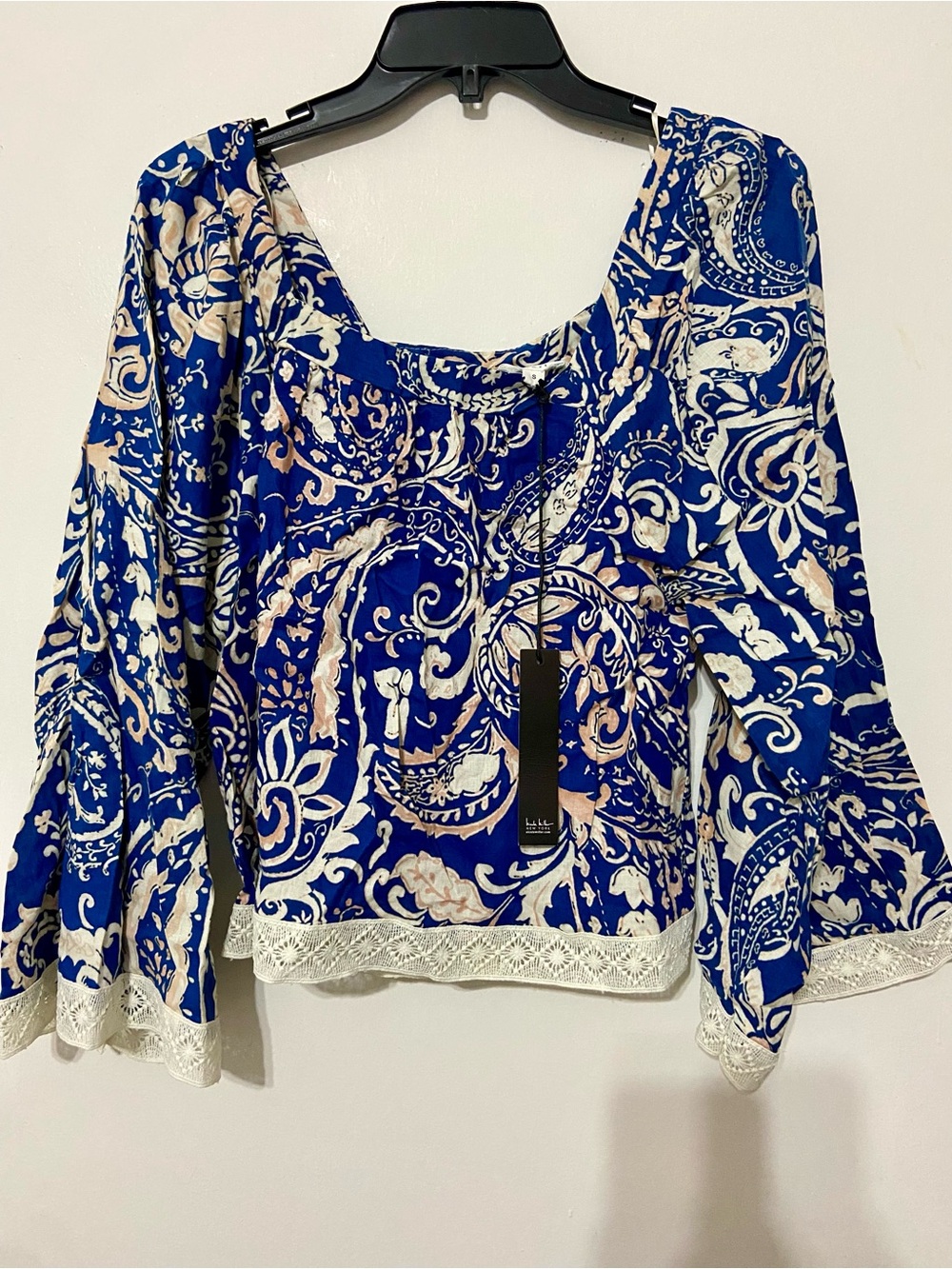 Blue Paisley Square-Neck Blouse with Lace Hem
